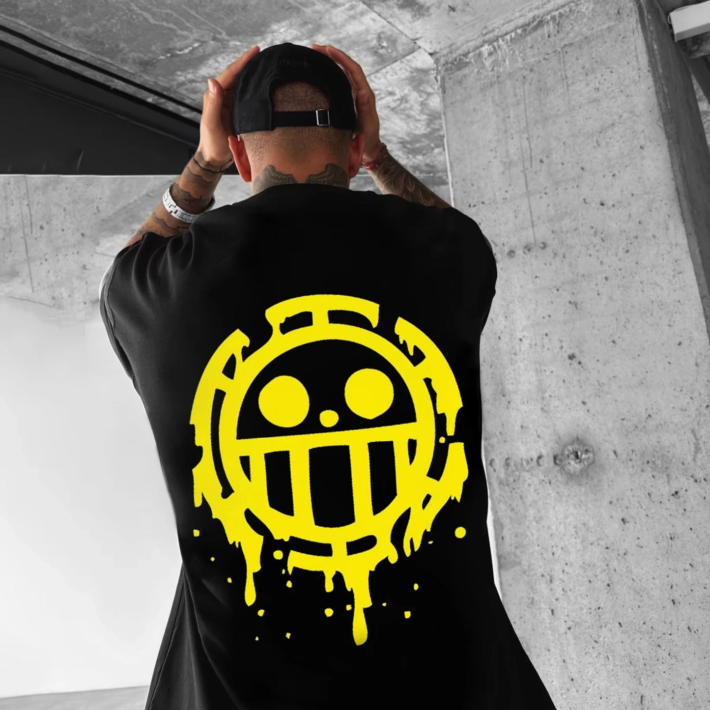 (Miniso)One Piece T-Shirt Law Print Anime Cosplay Youth Men Oversize Summer Sport Cotton Short Sleeve Top Casual Fashion Clothes