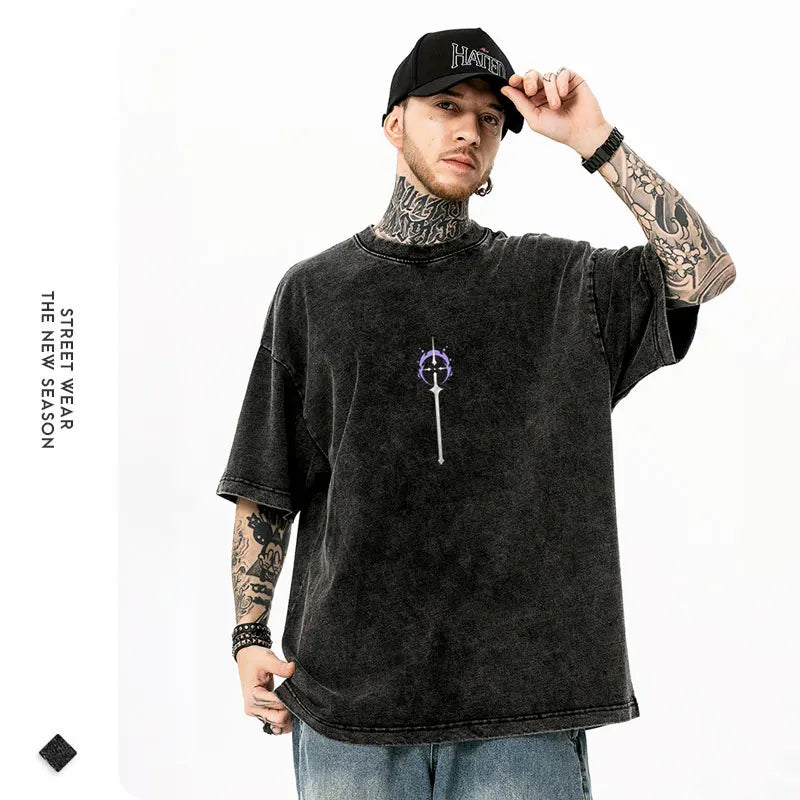 Anime Bleach T-Shirt Oversized Vintage Washed Zaraki Kenpachi T-Shirts Retro Harajuku Ichigo Rukia Tops Tees Man 100% Cotton