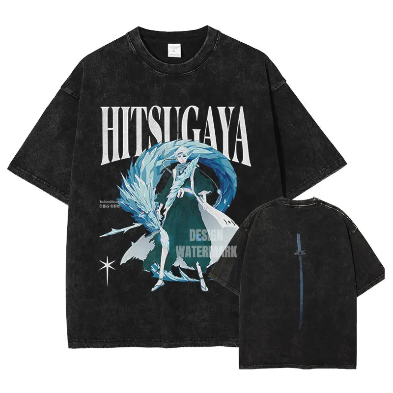 Anime Bleach T-Shirt Oversized Vintage Washed Zaraki Kenpachi T-Shirts Retro Harajuku Ichigo Rukia Tops Tees Man 100% Cotton