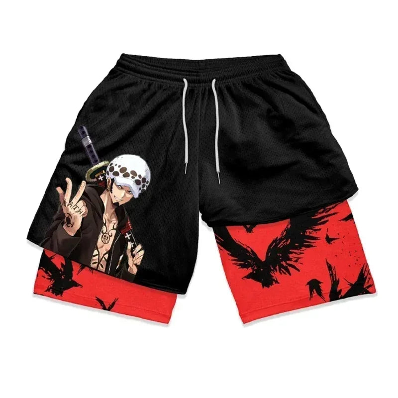 New ONE PIECE Luffy Zoro Running Shorts Anime Men 2 in 1 GYM Sport Shorts Breathable 5 Gear Nika Doflamingo Workout Beach Shorts