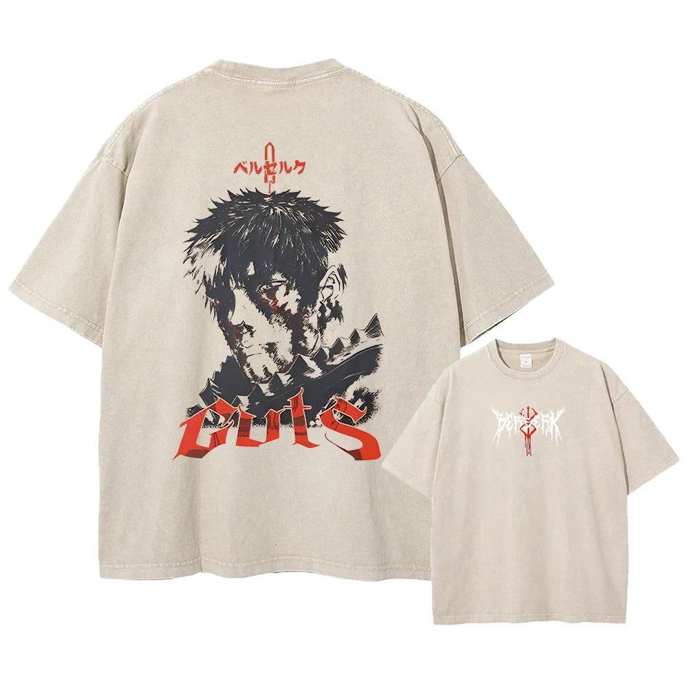 Anime Berserk Guts Acid Tshirt Retro Vintage Washed Graphic Tees Men Harajuku Cotton Casual Short Sleeve Tshirt Tops Unisex