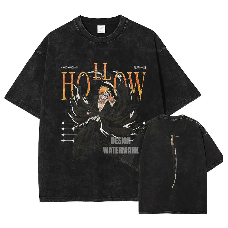Anime Bleach T-Shirt Oversized Vintage Washed Zaraki Kenpachi T-Shirts Retro Harajuku Ichigo Rukia Tops Tees Man 100% Cotton