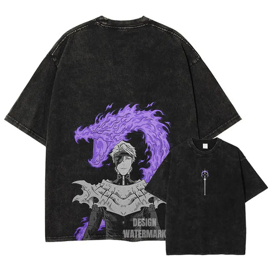 Anime Bleach T-Shirt Oversized Vintage Washed Zaraki Kenpachi T-Shirts Retro Harajuku Ichigo Rukia Tops Tees Man 100% Cotton