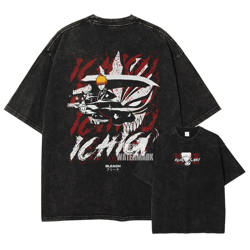 Anime Bleach T-Shirt Oversized Vintage Washed Zaraki Kenpachi T-Shirts Retro Harajuku Ichigo Rukia Tops Tees Man 100% Cotton