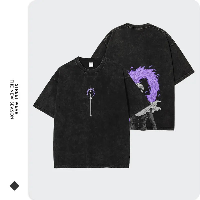 Anime Bleach T-Shirt Oversized Vintage Washed Zaraki Kenpachi T-Shirts Retro Harajuku Ichigo Rukia Tops Tees Man 100% Cotton