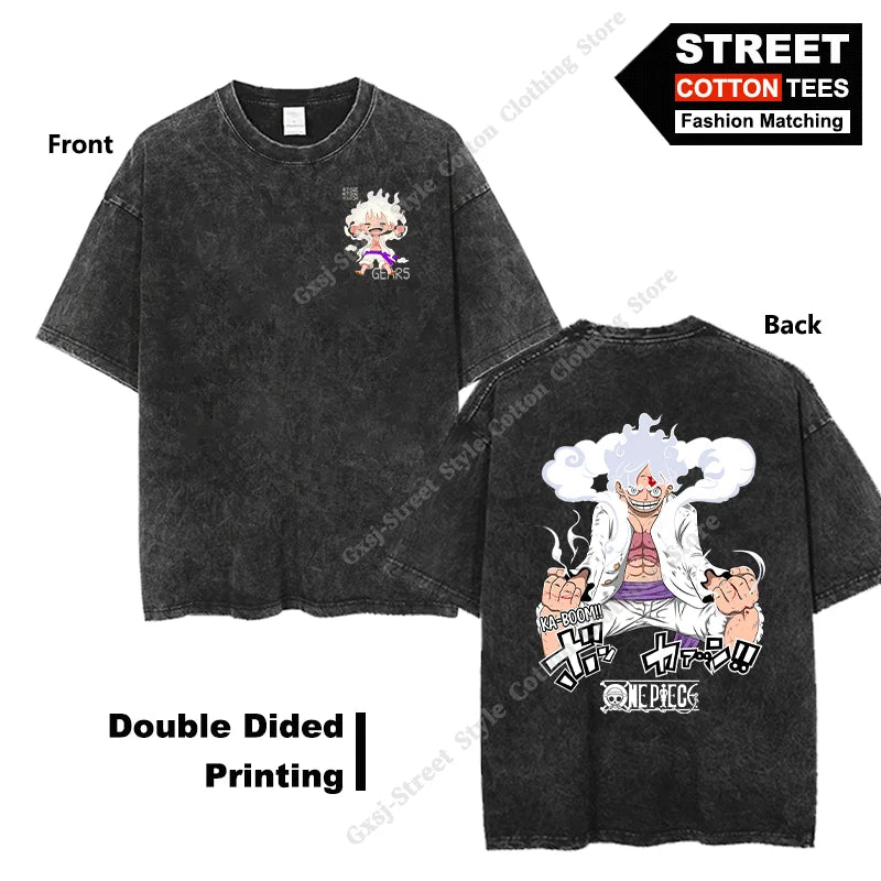Gear 5 Luffy-Wanted T Shirt Double Sided Print Anime Peripheral Clothing T-shirt Y2k Harajuku Casual Unisex Oversized Loose Tees