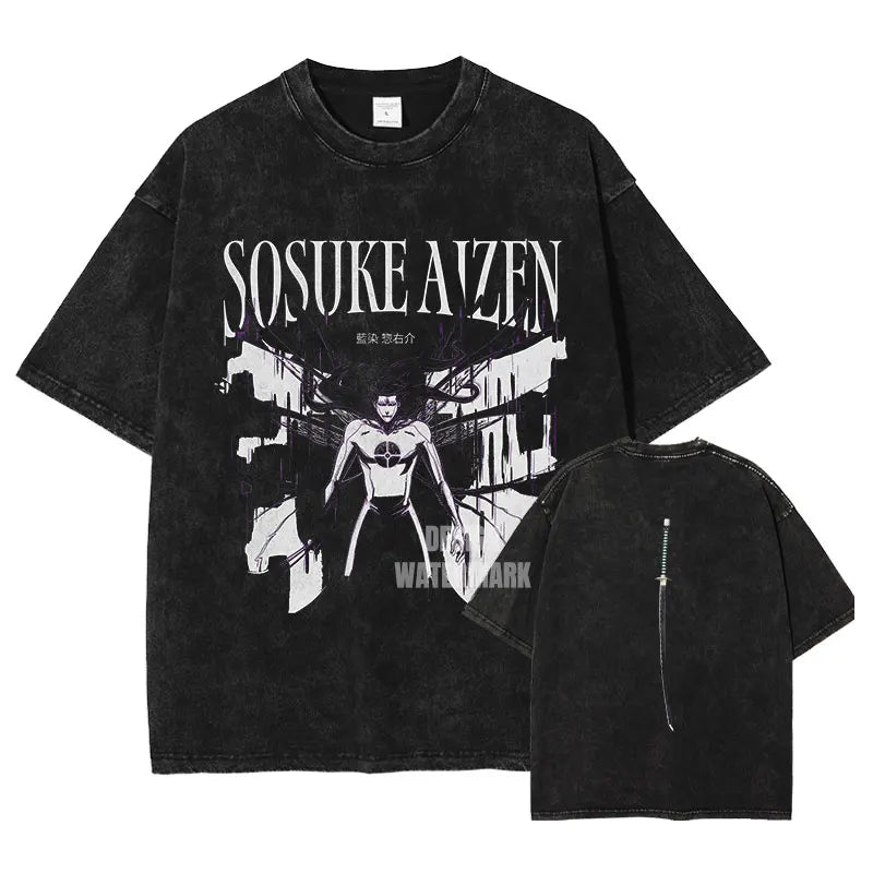 Anime Bleach T-Shirt Oversized Vintage Washed Zaraki Kenpachi T-Shirts Retro Harajuku Ichigo Rukia Tops Tees Man 100% Cotton