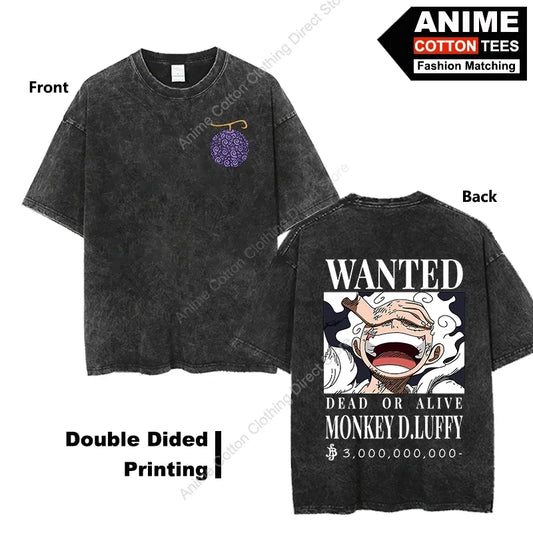 Gear 5 Luffy-Wanted T Shirt Double Sided Print Anime Peripheral Clothing T-shirt Y2k Harajuku Casual Unisex Oversized Loose Tees