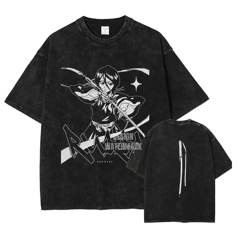 Anime Bleach T-Shirt Oversized Vintage Washed Zaraki Kenpachi T-Shirts Retro Harajuku Ichigo Rukia Tops Tees Man 100% Cotton