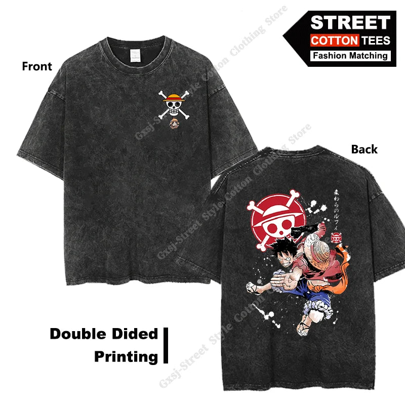 Gear 5 Luffy-Wanted T Shirt Double Sided Print Anime Peripheral Clothing T-shirt Y2k Harajuku Casual Unisex Oversized Loose Tees
