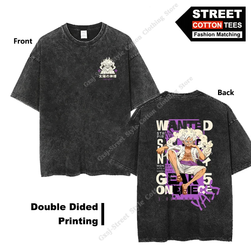 Gear 5 Luffy-Wanted T Shirt Double Sided Print Anime Peripheral Clothing T-shirt Y2k Harajuku Casual Unisex Oversized Loose Tees