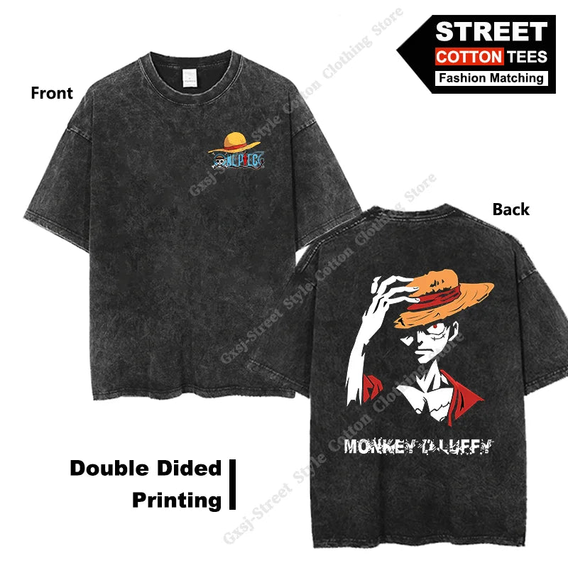 Gear 5 Luffy-Wanted T Shirt Double Sided Print Anime Peripheral Clothing T-shirt Y2k Harajuku Casual Unisex Oversized Loose Tees