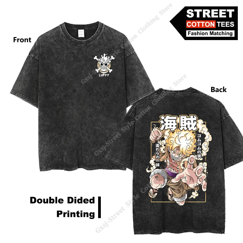 Gear 5 Luffy-Wanted T Shirt Double Sided Print Anime Peripheral Clothing T-shirt Y2k Harajuku Casual Unisex Oversized Loose Tees