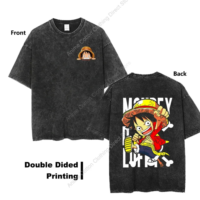 Gear 5 Luffy-Wanted T Shirt Double Sided Print Anime Peripheral Clothing T-shirt Y2k Harajuku Casual Unisex Oversized Loose Tees