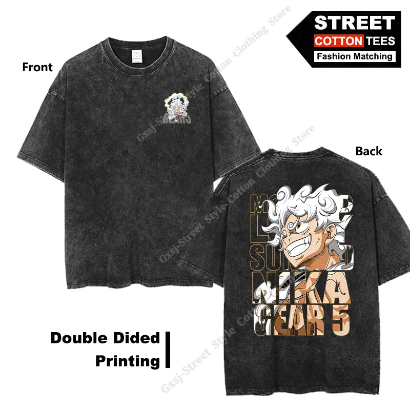 Gear 5 Luffy-Wanted T Shirt Double Sided Print Anime Peripheral Clothing T-shirt Y2k Harajuku Casual Unisex Oversized Loose Tees