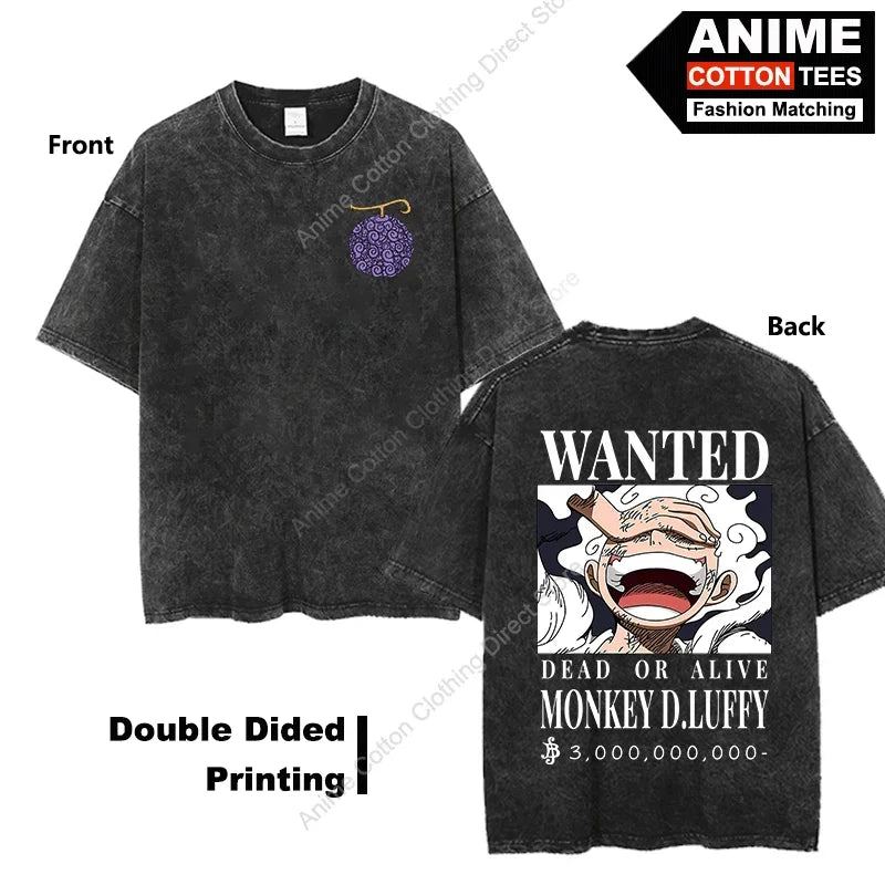 Gear 5 Luffy-Wanted T Shirt Double Sided Print Anime Peripheral Clothing T-shirt Y2k Harajuku Casual Unisex Oversized Loose Tees